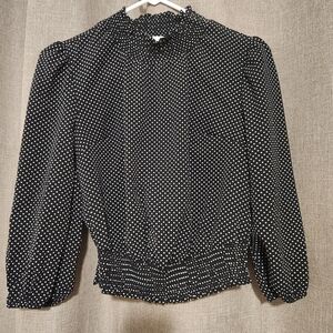 Monteau Black Blouse with White Polka Dots and Ruffle Neck